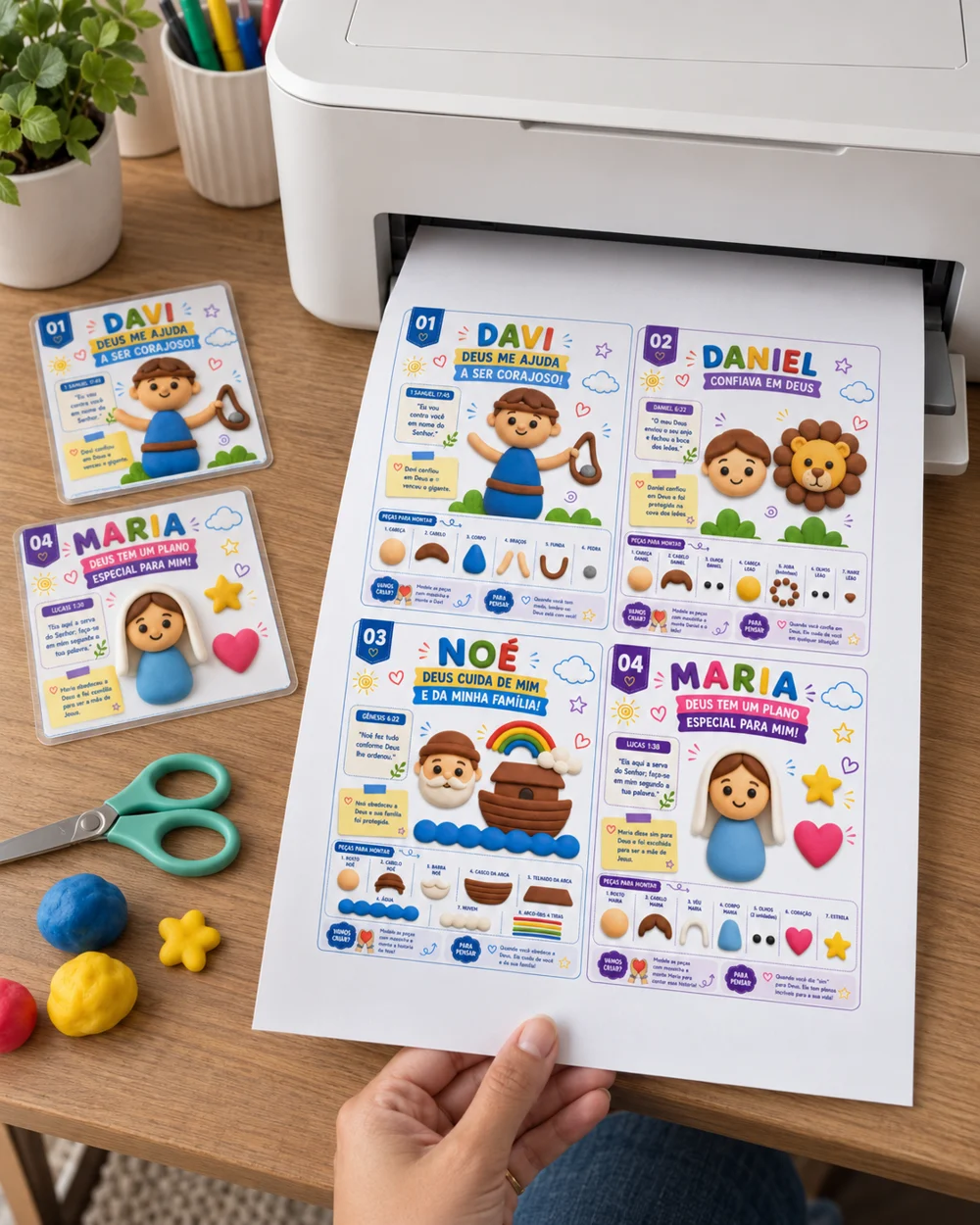 Mockup de folha A4 com quatro cards saindo da impressora