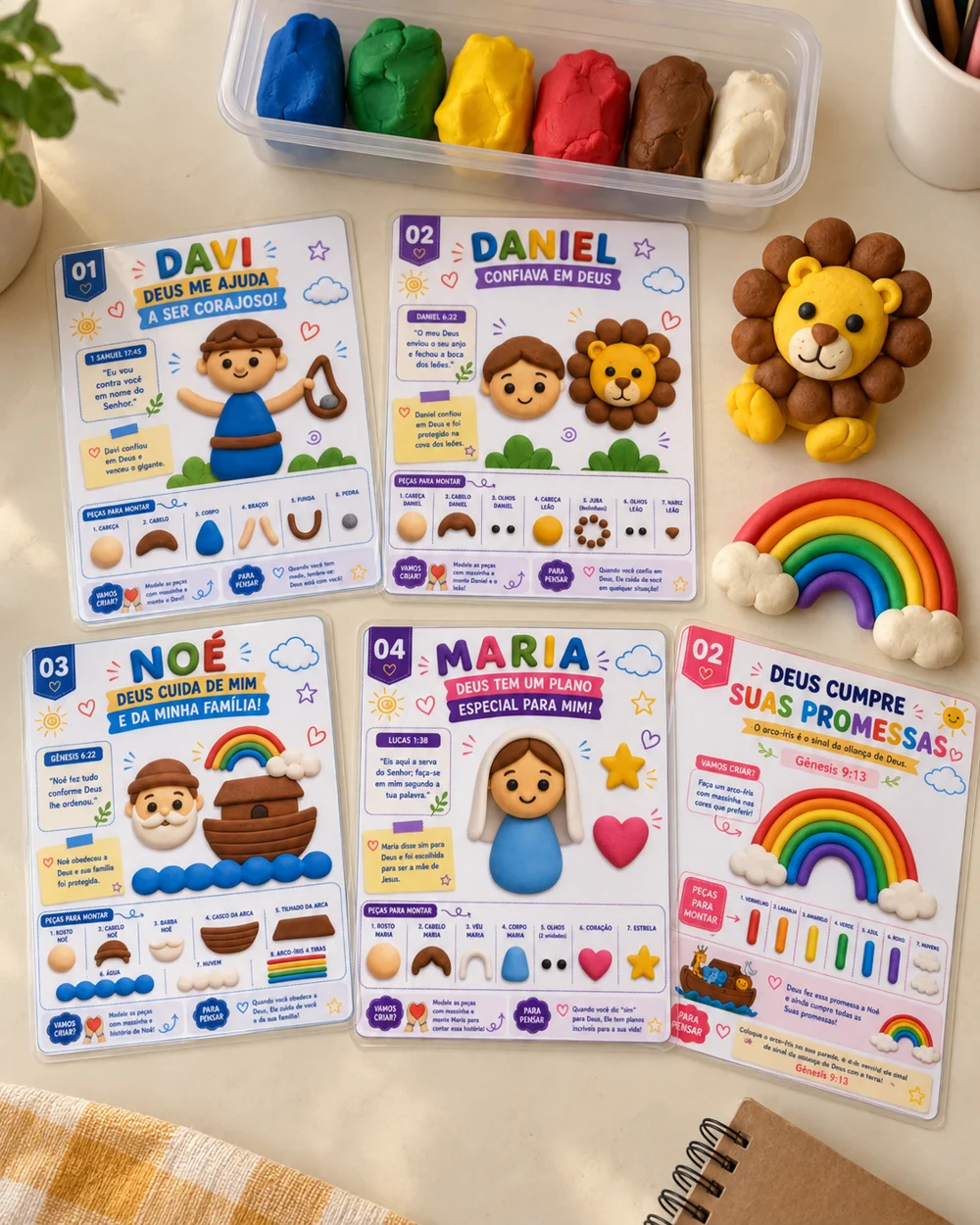 Mockup de cards de Davi, Daniel, Noé, Maria e arco-íris com massinhas