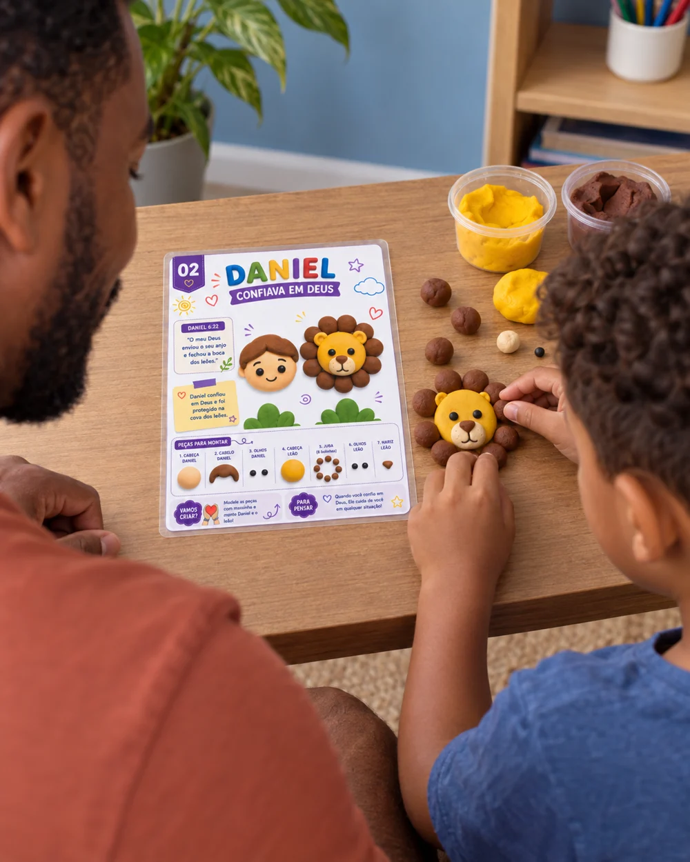 Mockup de pai e filho modelando um leão com o card de Daniel